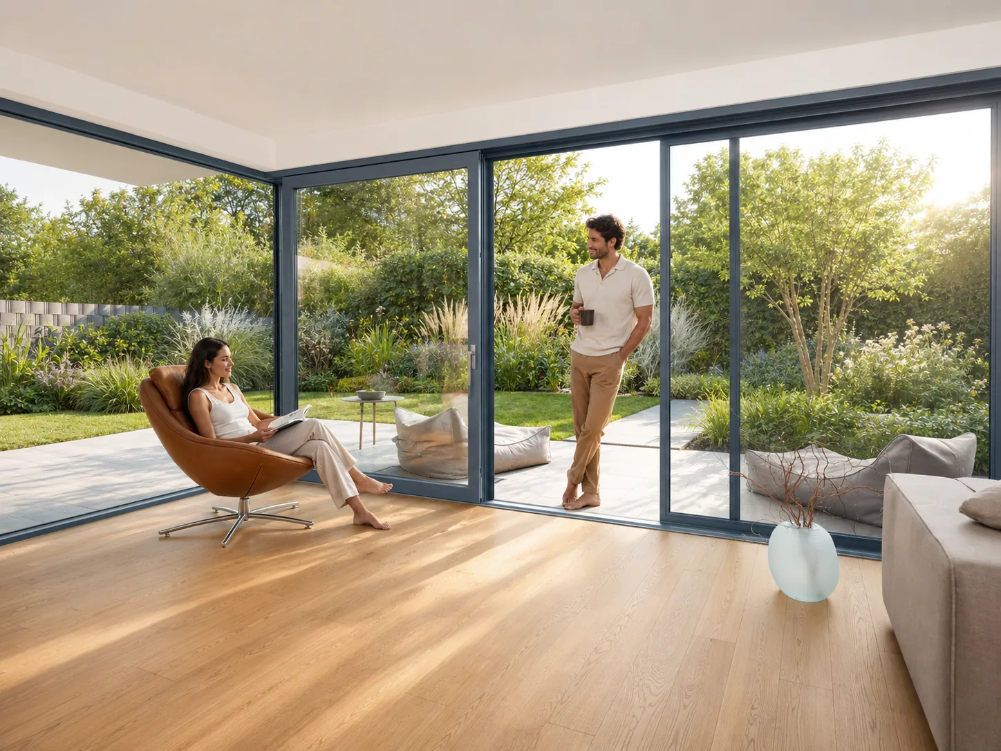 Wohnraum mit geöffneter Terrassentür und Insektenschutz-Schiebetür auf Maß