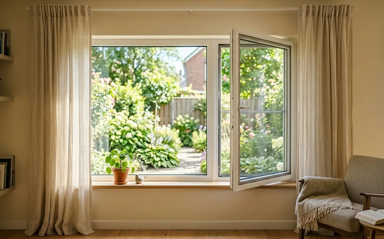 Dasselbe Fenster mit montiertem Insektenschutz-Spannrahmen